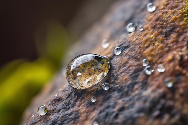 Una gota de agua sobre una roca con la palabra lluvia