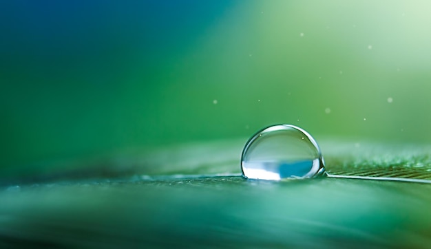 Una gota de agua en tonos verdes en los rayos del sol en una macro