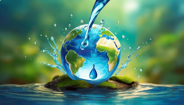 Una gota de agua se vierte en un globo terrestre y el concepto de ecología del agua