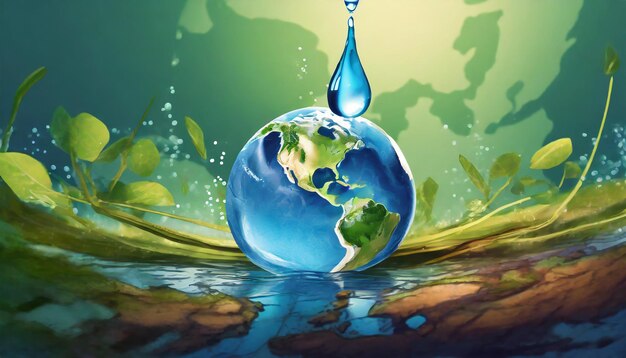 Una gota de agua se vierte en un globo terrestre y el concepto de ecología del agua