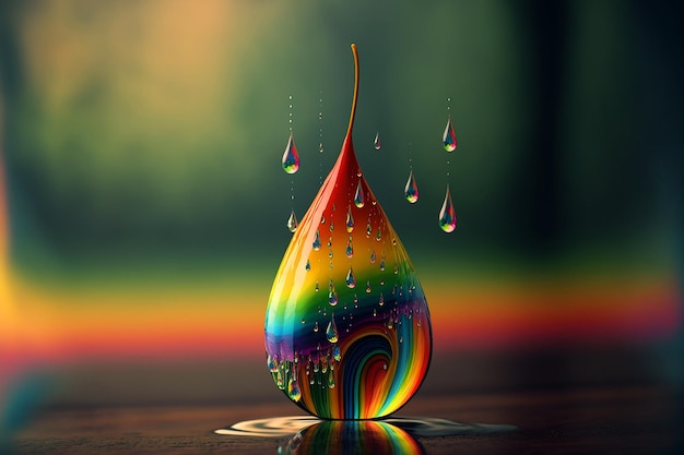 Foto una gota de arco iris con gotas de agua.