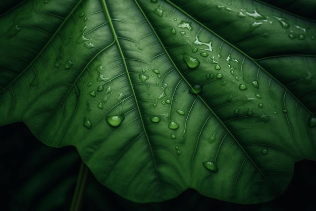 Gota de cerca de la superficie macro tiro de hoja tropical verde con venas verdes follaje grande en un árbol