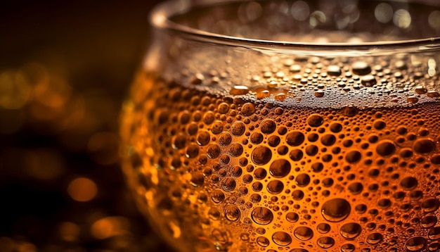 Una gota de cerveza dorada cae en un vaso espumoso generado por IA