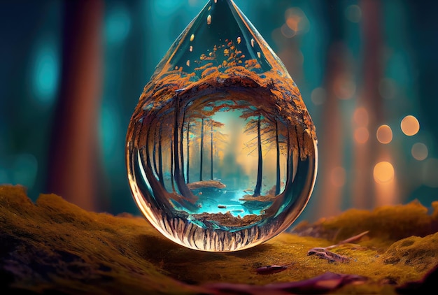 Gota d'água refletida com a floresta de outono laranja e o fundo do lago ou cachoeira Dia Mundial da Água e Conceito do Dia da Terra Generative AI