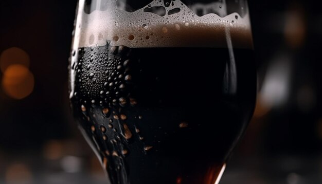 Foto gota de cerveja espumosa refresca vidro em estabelecimento de bar escuro gerado por ia