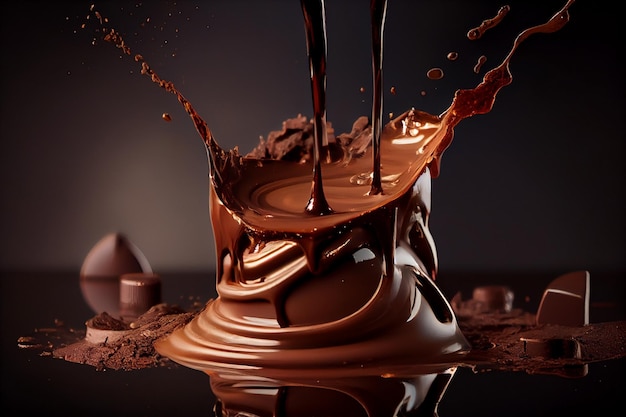 Gota de chocolate e respingo Chocolate backgroundgenerative ai