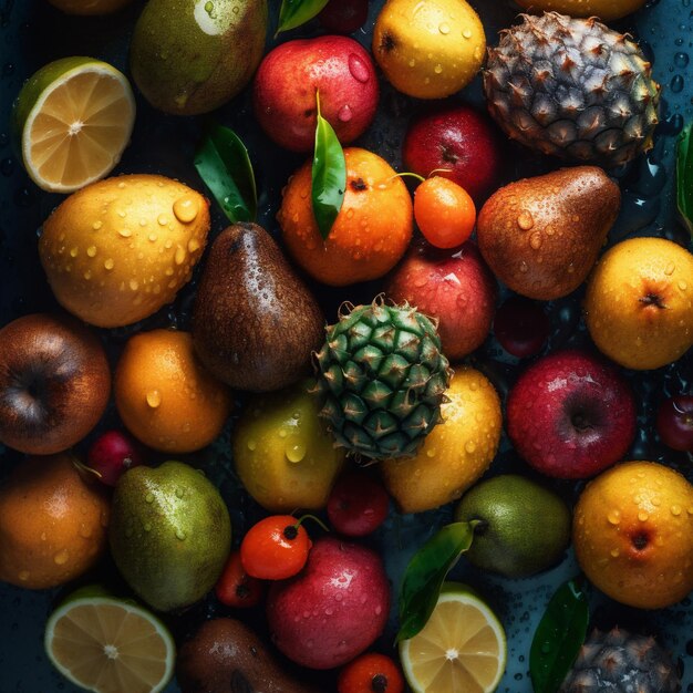 Gota de vitamina, água doce, morango, frutas, salpicos verdes saudáveis, fundo de alimentos, IA generativa