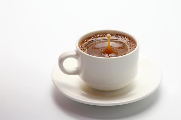 Gota de leche cayendo en una taza blanca con café negro