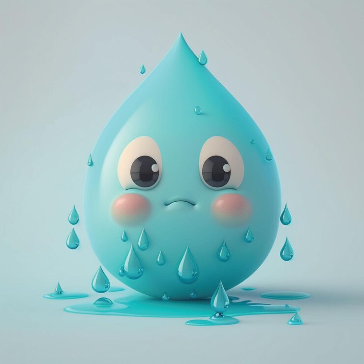 Una gota de lluvia azul tiene una cara triste y tiene una cara triste.