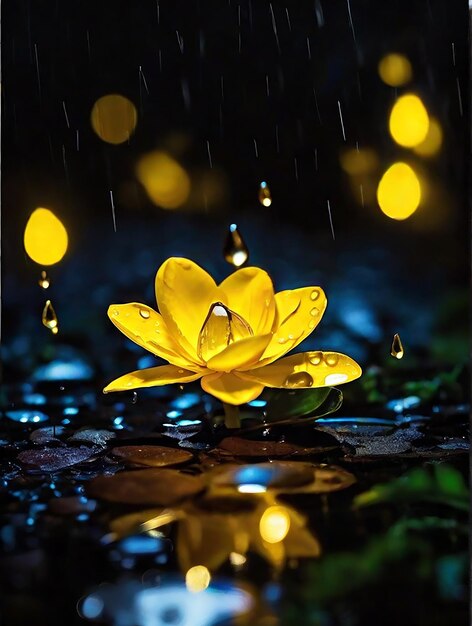 Una gota de lluvia brillante iluminó una flor amarilla por la noche generada por la IA