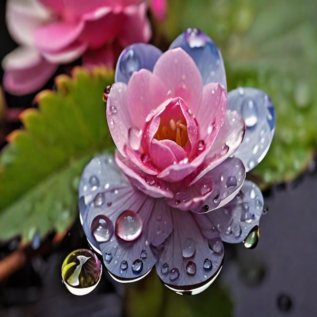 La gota de lluvia nutre a la flor