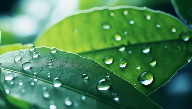 Una gota de lluvia o rocío en hojas verdes