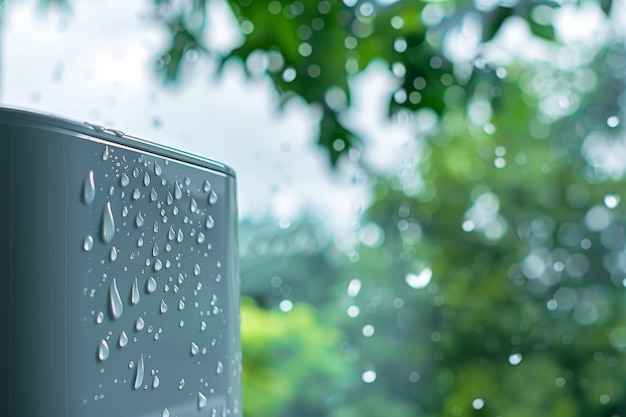 Una gota de lluvia se sienta en el lado de un objeto blanco