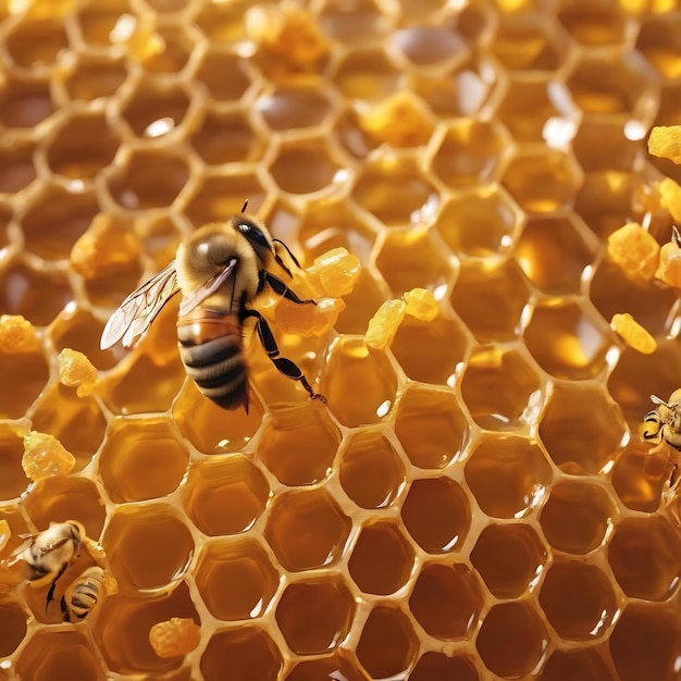 Una gota de miel de abeja gotea de panales hexagonales llenos de néctar dorado