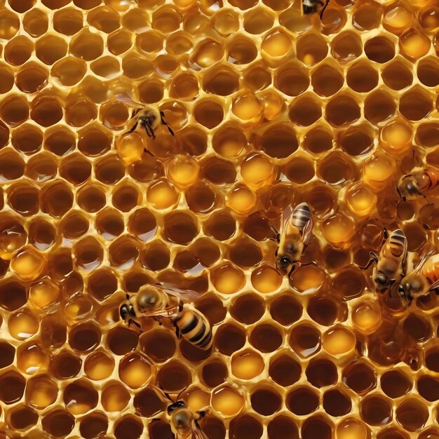 Una gota de miel de abeja gotea de panales hexagonales llenos de néctar dorado