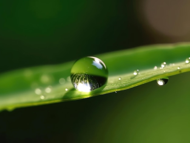 Gota de rocío cuelga de la punta de una hoja verde