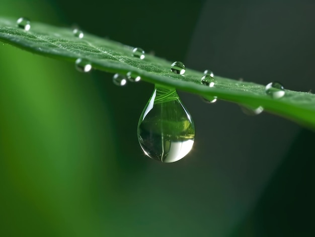 Gota de rocío cuelga de la punta de una hoja verde