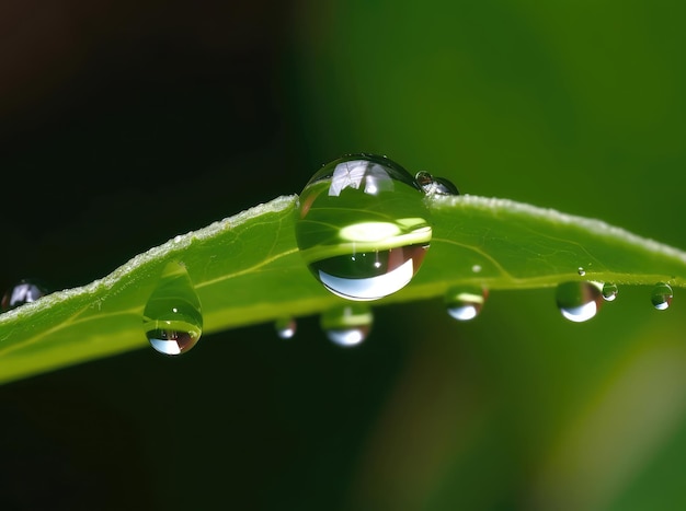 Gota de rocío cuelga de la punta de una hoja verde