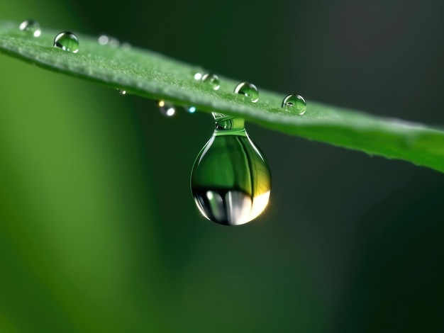 Gota de rocío cuelga de la punta de una hoja verde