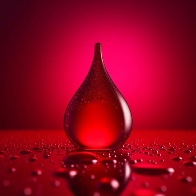 Una gota roja de sangre está sobre una superficie brillante con un fondo rojo.