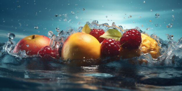 Foto gota saludable comida agua frutos rojos fresa fondo verde fresco vitamina ia generativa