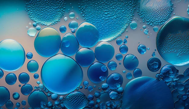 Gotas de aceite azul sobre un fondo azul.