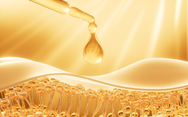 Gotas aceitosas goteando de la pipeta en la botella de cosméticos concepto de cuidado de la piel de aceite esencial renderización 3d