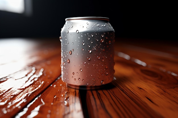 Las gotas de agua adornan la lata de refresco que descansa sobre una mesa de madera texturizada