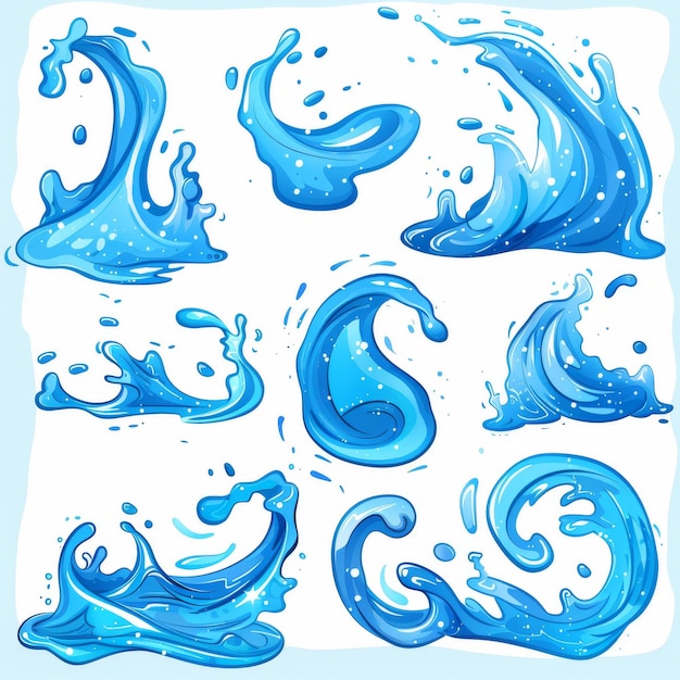 Foto gotas de agua azules de dibujos animados charcos, aerosoles y olas, objetos de la naturaleza, salpicaduras, salpicaduras, concepto de movimiento acuático limpio, conjunto moderno de cuatro.