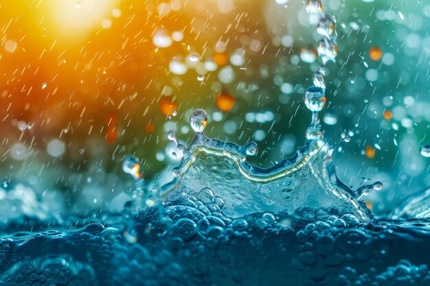Gotas de agua brillante en la superficie con llamarada de luz solar y efecto Bokeh Macro de salpicaduras vibrantes