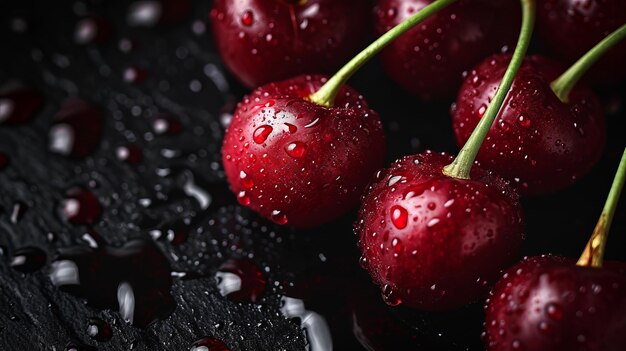 gotas de agua en cerezas rojas sobre un fondo negro