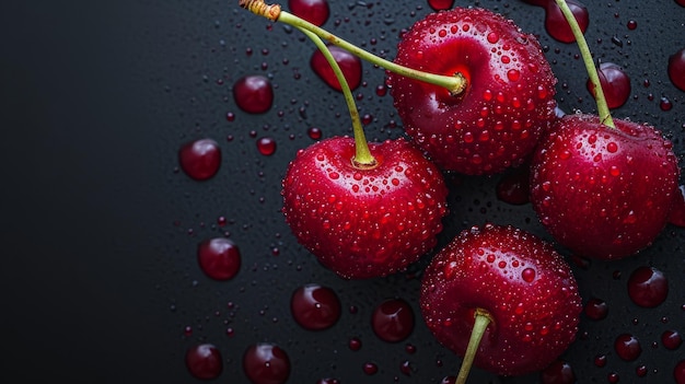 gotas de agua en cerezas rojas sobre un fondo negro