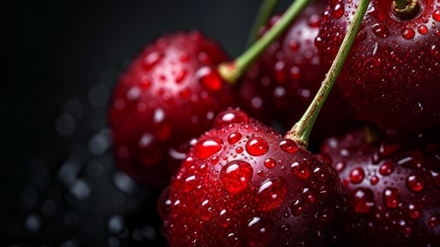 gotas de agua en cerezas rojas sobre un fondo negro