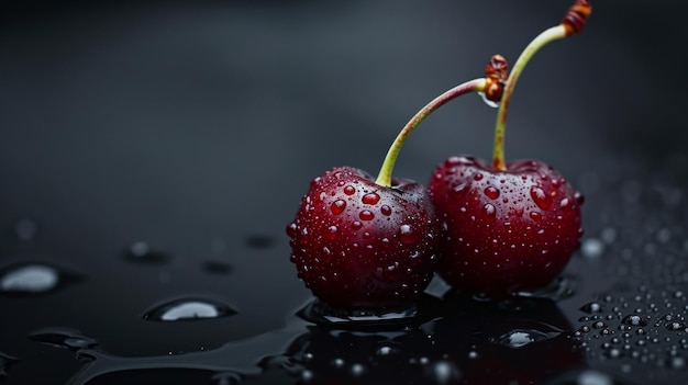 Foto gotas de agua en cerezas rojas sobre un fondo negro