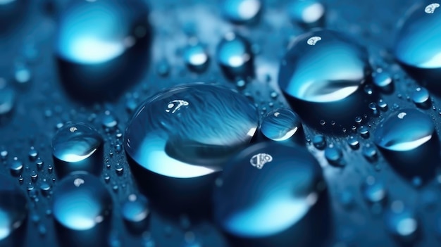 Las gotas de agua se cierran sobre una superficie azul Un fondo refrescante y reflectante