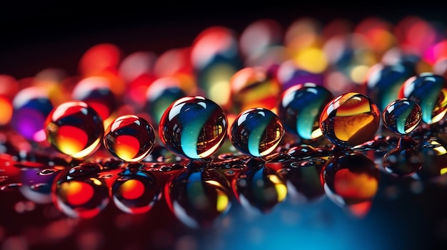 Gotas de agua coloridas de aceite con reflejo en fondo negro Fotografía macro