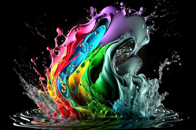Foto gotas de agua coloridas y salpicaduras en fondo negro ia generativa