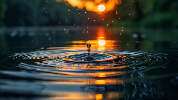 Foto gotas de agua contra el reflejo del atardecer