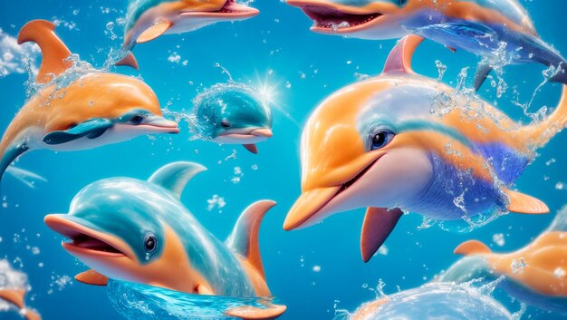 Foto gotas de agua de delfines de dibujos animados lindo