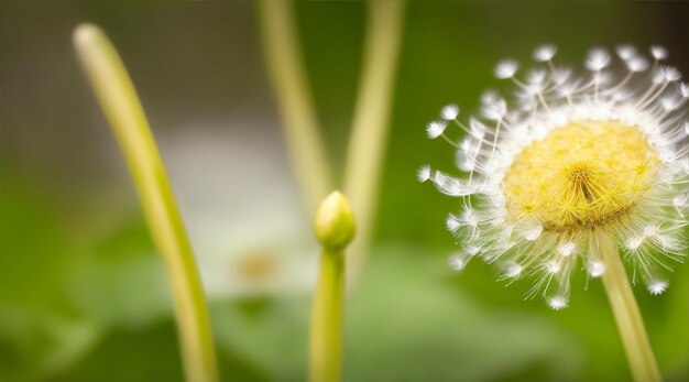 Gotas de agua de diente de león y primer plano de la flor en la naturaleza para la primavera por IA generativa