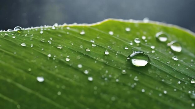 Gotas de agua dulce en la superficie de la hoja verde