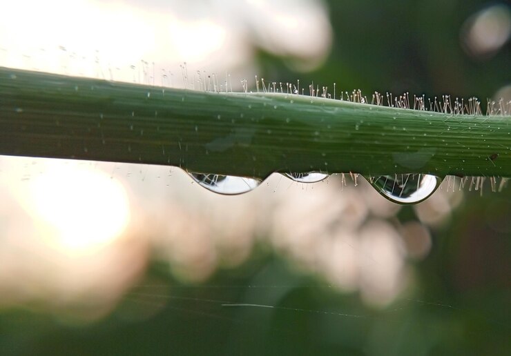 gotas de agua están cayendo de una planta y el sol está brillando a través de las gotas