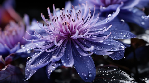 gotas de agua en una flor azul