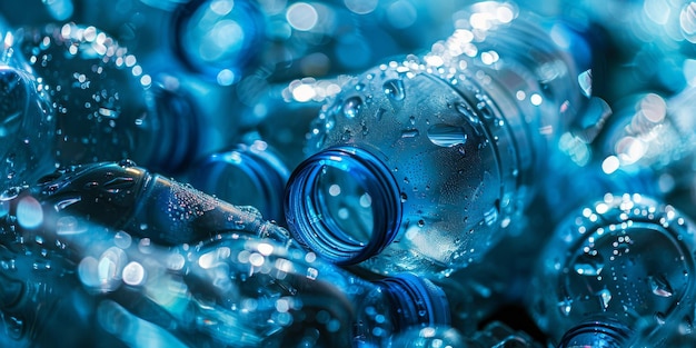 Gotas de agua con gas en botellas de plástico azules