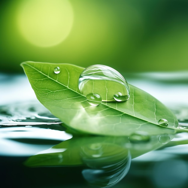 Gotas de agua en una hoja en el agua generada por Ai