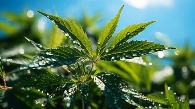 Gotas de agua en una hoja de cannabis