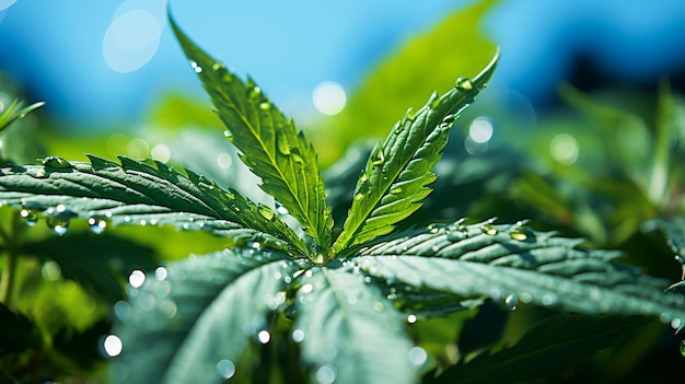 Gotas de agua en una hoja de cannabis