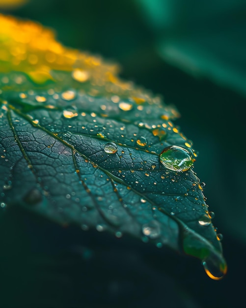 Gotas de agua en una hoja fotografiadas