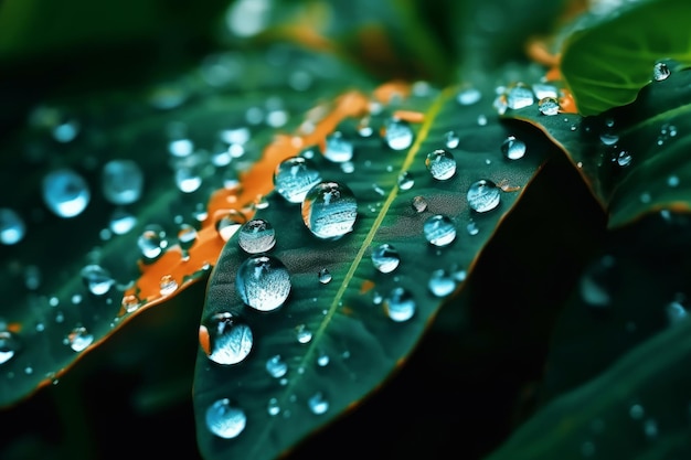 Gotas de agua en una hoja con la palabra lluvia