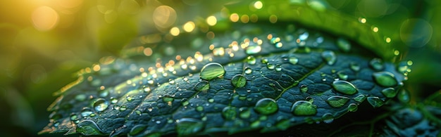 Gotas de agua en una hoja con paneles solares en el fondo de colores verdes vibrantes